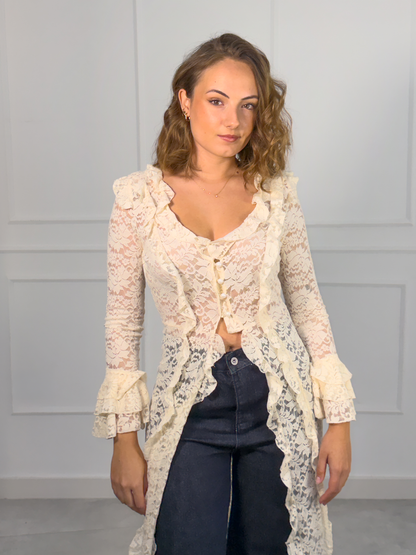 Kimono Largo de Encaje Beige con Volantes | Palermo