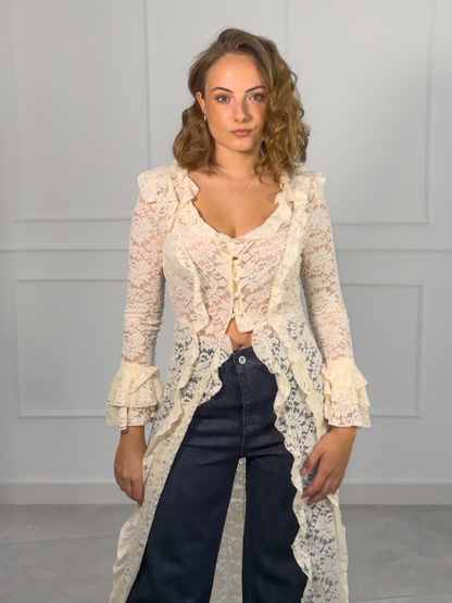 Kimono Largo de Encaje Beige con Volantes | Palermo