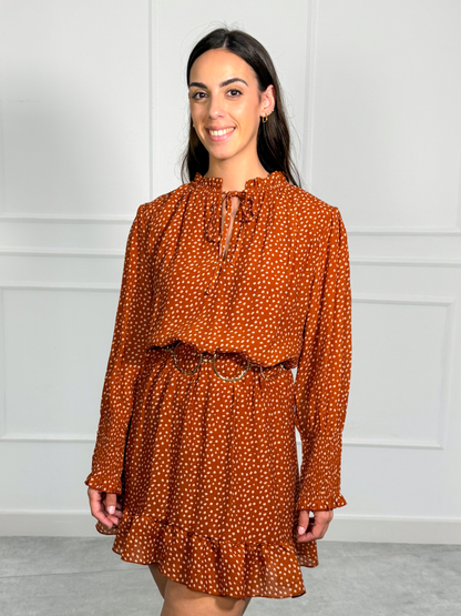 Vestido Corto de Lunares con Manga Larga y Volante | Portofino