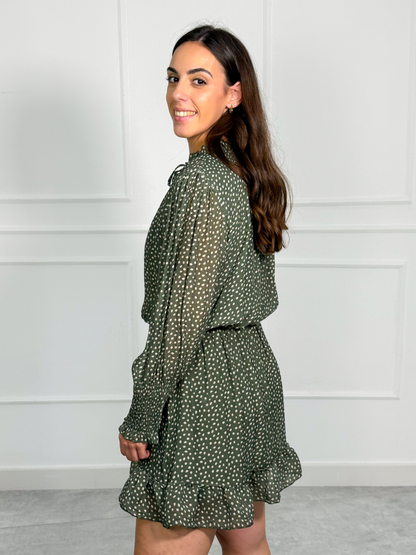 Vestido Corto de Lunares con Manga Larga y Volante | Portofino
